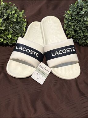Lacoste White Slides with Black Logo Band